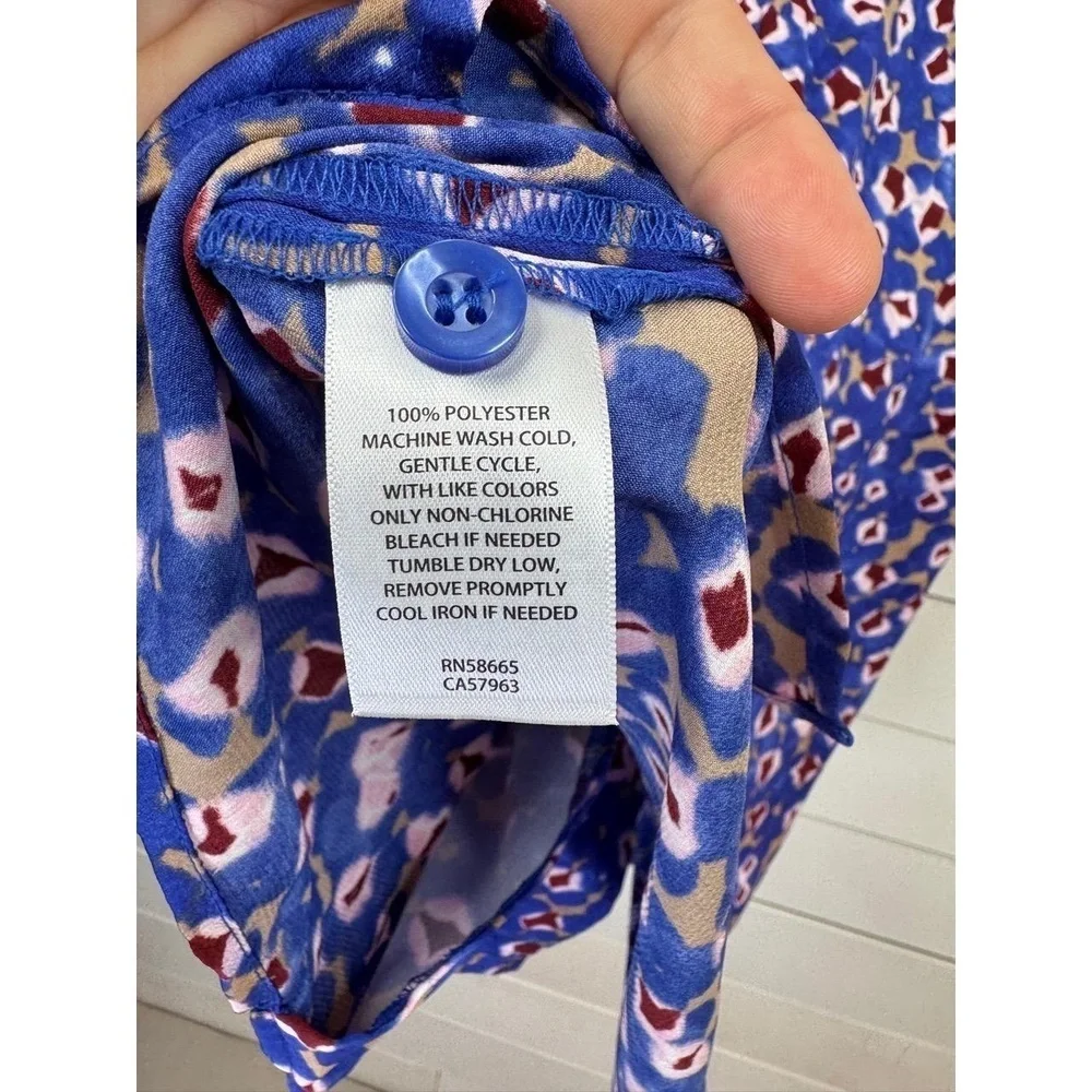 Open Edit Womens Button Up Shirt Blue Multi Abstract Cuffed Sleeve Print Size XS